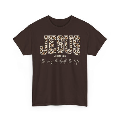 Jesus Leopard Print T-Shirt — John 4:6 Faith Tee