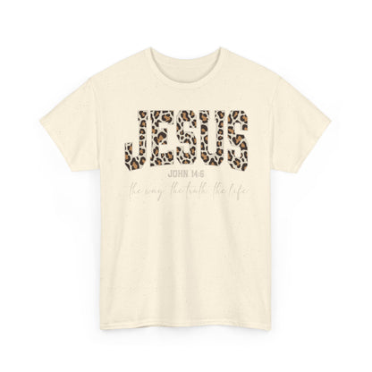 Jesus Leopard Print T-Shirt — John 4:6 Faith Tee
