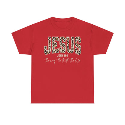 Jesus Leopard Print T-Shirt — John 4:6 Faith Tee