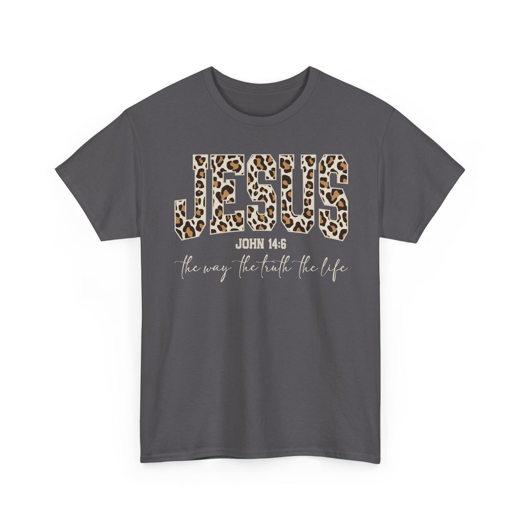 Jesus Leopard Print T-Shirt — John 4:6 Faith Tee