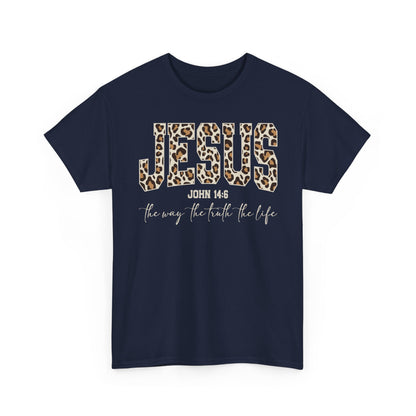 Jesus Leopard Print T-Shirt — John 4:6 Faith Tee
