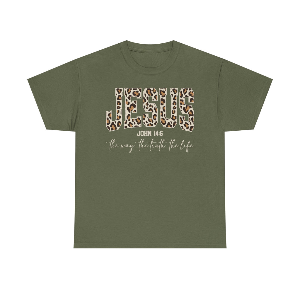 Jesus Leopard Print T-Shirt — John 4:6 Faith Tee