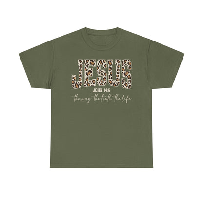 Jesus Leopard Print T-Shirt — John 4:6 Faith Tee