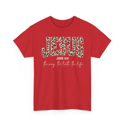 Jesus Leopard Print T-Shirt — John 4:6 Faith Tee