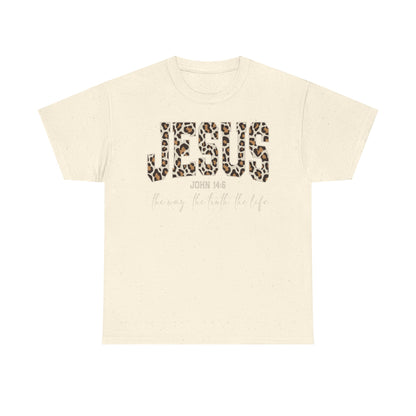 Jesus Leopard Print T-Shirt — John 4:6 Faith Tee