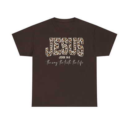Jesus Leopard Print T-Shirt — John 4:6 Faith Tee