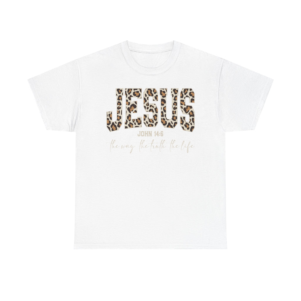 Jesus Leopard Print T-Shirt — John 4:6 Faith Tee