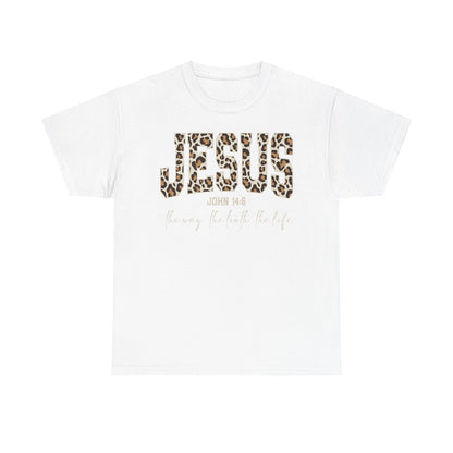 Jesus Leopard Print T-Shirt — John 4:6 Faith Tee