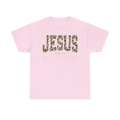 Jesus Leopard Print T-Shirt — John 4:6 Faith Tee