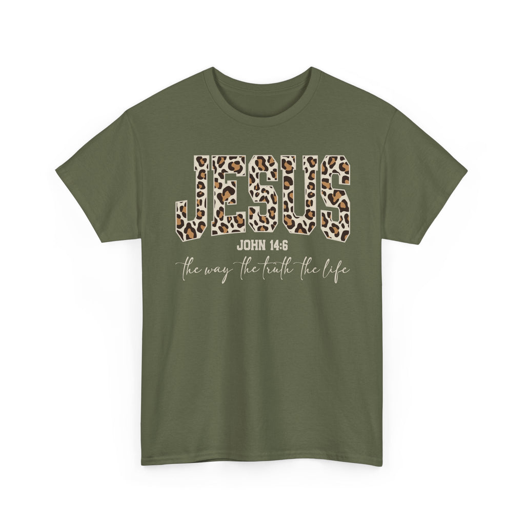 Jesus Leopard Print T-Shirt — John 4:6 Faith Tee