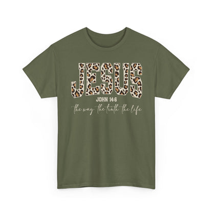 Jesus Leopard Print T-Shirt — John 4:6 Faith Tee