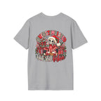 "Overstimulated But Still Festive" Holiday T-Shirt (Back)